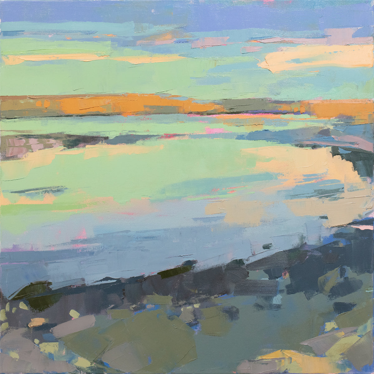 A green, blue, and pink abstract landscape painting. 