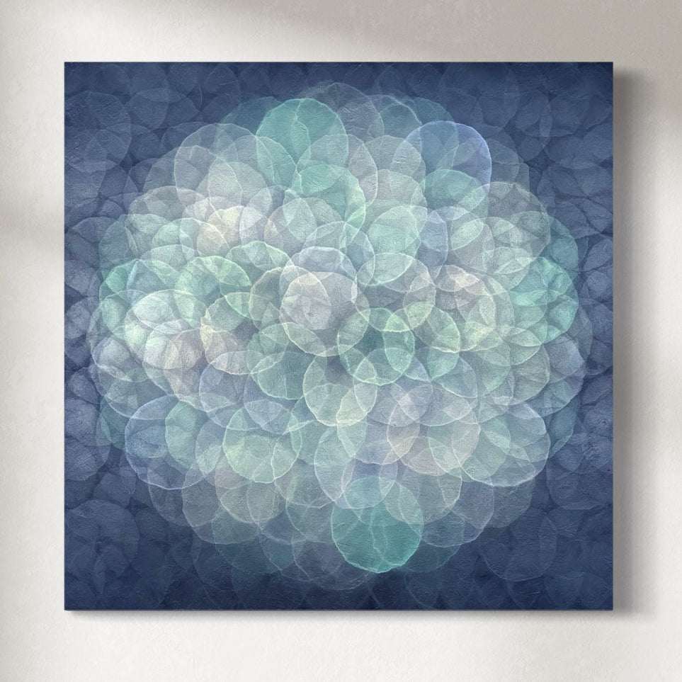 A square abstract artwork featuring a geometric pattern with circles in shades of blue, designed to create a visual illusion or optical art effect.