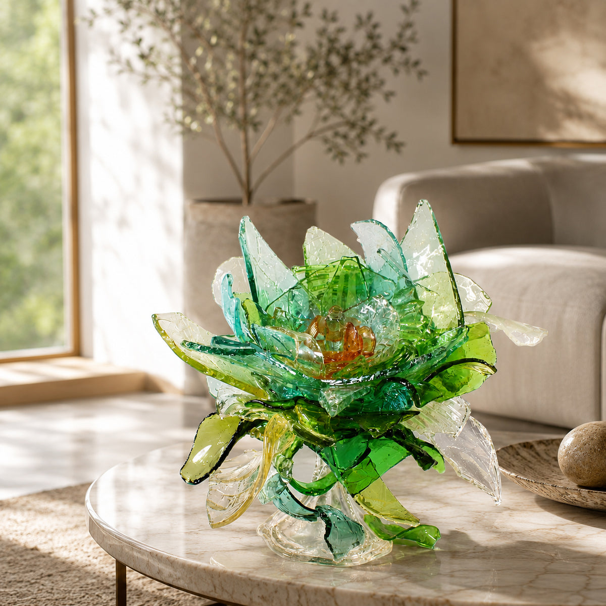 Artistic glass sculpture resembling a flower on a table in a living room