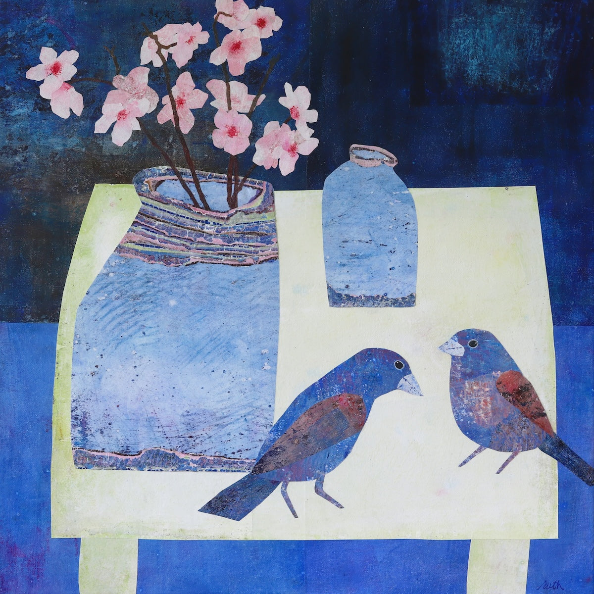 A stylized still life collage painting featuring two blue birds on a pale yellow table, a large blue vase with pink blossoms, and a smaller blue vase against a deep blue background.