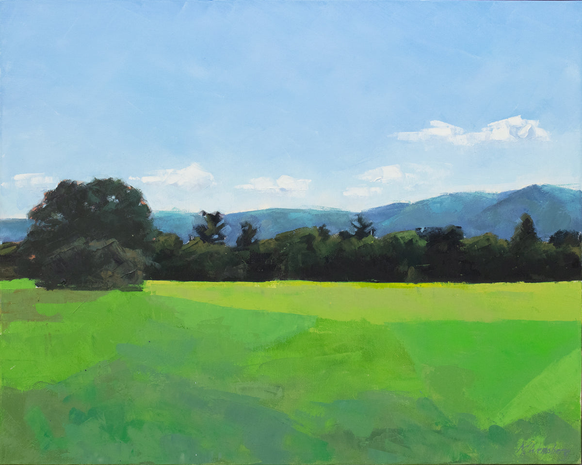 A green and blue landscape painting. 