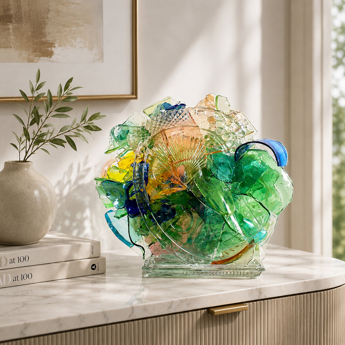 Colorful glass sculpture on a marble surface with books and a vase in the background