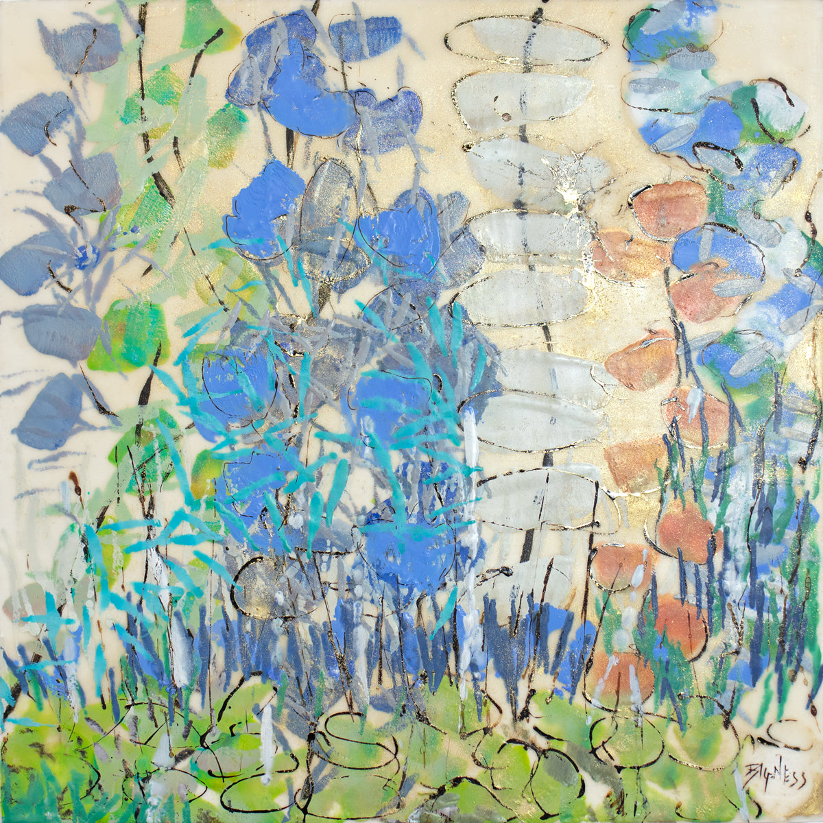A green and blue abstracted encaustic painting by Linda Bigness. 