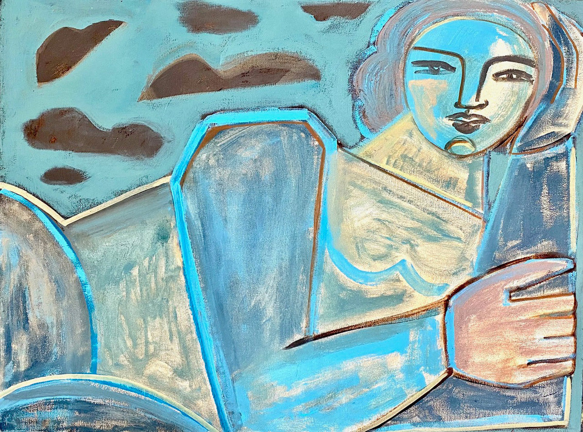 A blue, brown, and yellow painting of an abstracted woman by Juniper Briggs.