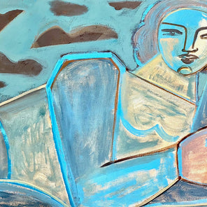 A blue, brown, and yellow painting of an abstracted woman by Juniper Briggs.