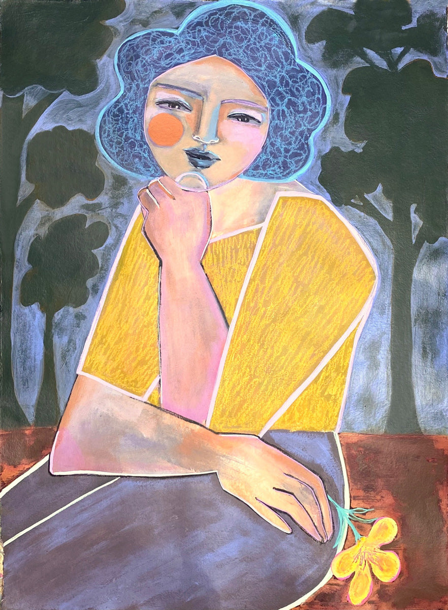 A colorful painting of an abstracted woman by Juniper Briggs.