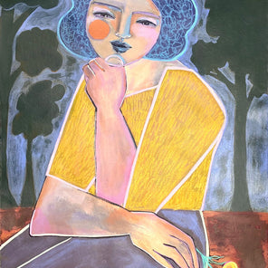 A colorful painting of an abstracted woman by Juniper Briggs.