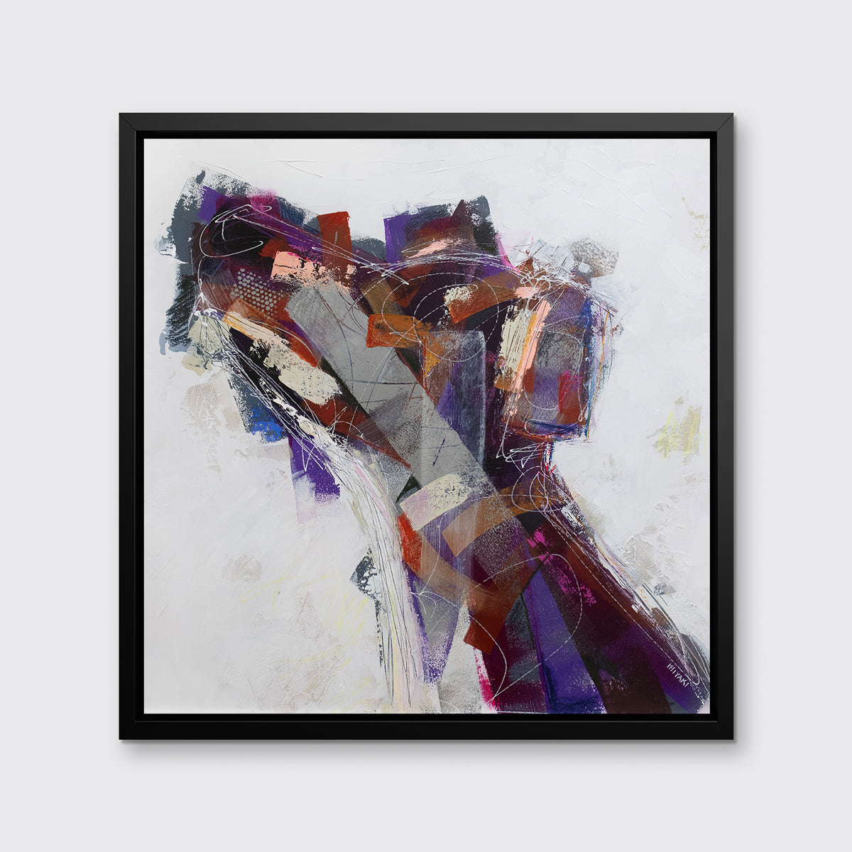 A white, purple, grey and dark orange abstract dog print in a black floater frame hangs on a white wall.