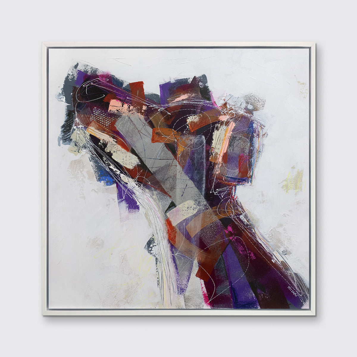 A white, purple, grey and dark orange abstract dog print in a white floater frame hangs on a white wall.