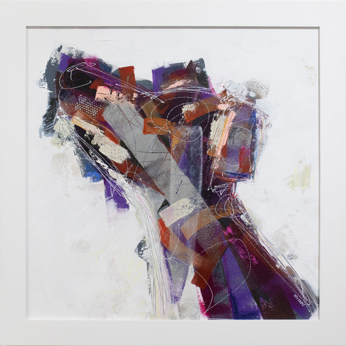 An abstracted painting of a dog framed in a white frame.