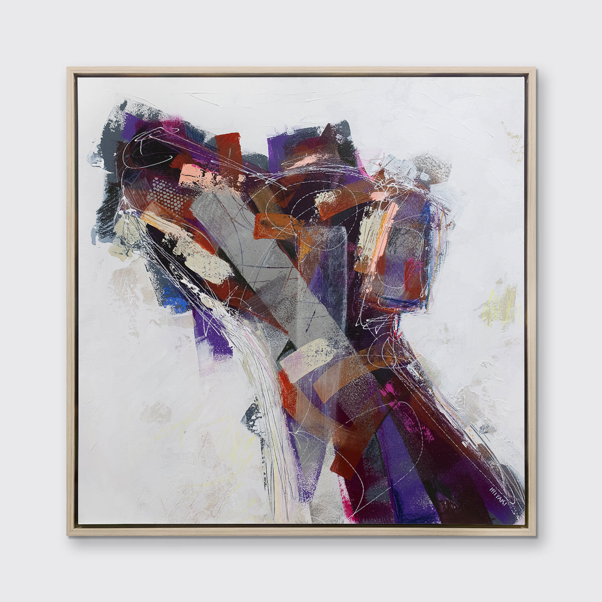 A white, purple, grey and dark orange abstract dog print in a white oak wood floater frame hangs on a white wall.