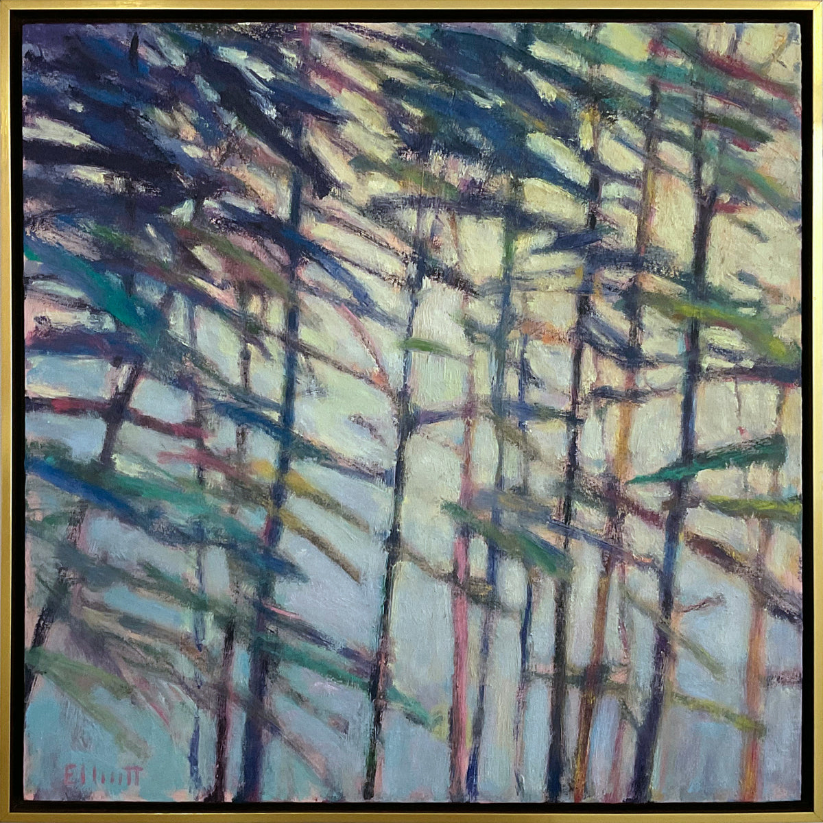 Abstract painting of trees with a signature in the corner