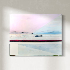 A pink and blue abstract painting hangs on a white wall. 