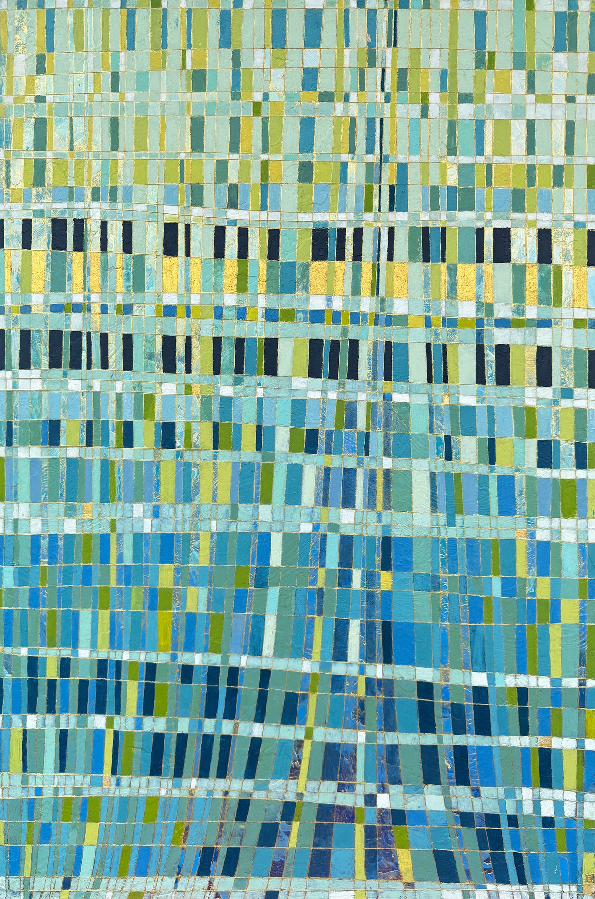 An abstract geometric mosaic artwork featuring a grid pattern of rectangular shapes in shades of blue, green, yellow, and white.