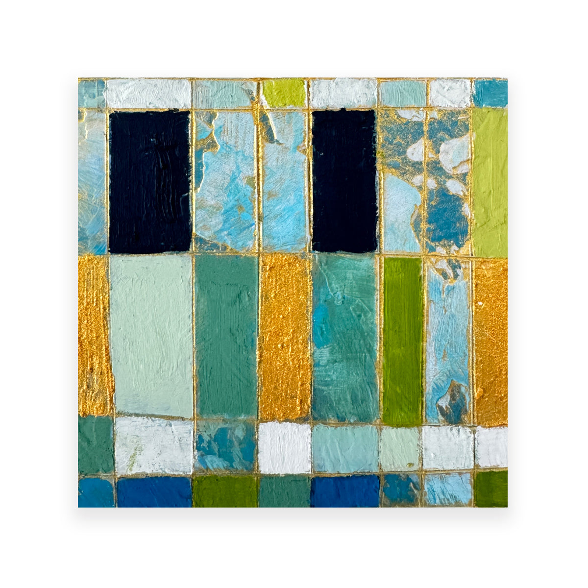 An detail of an abstract geometric artwork featuring textured blocks of blue, green, gold, white, and black paint with visible gold leaf shimmer.