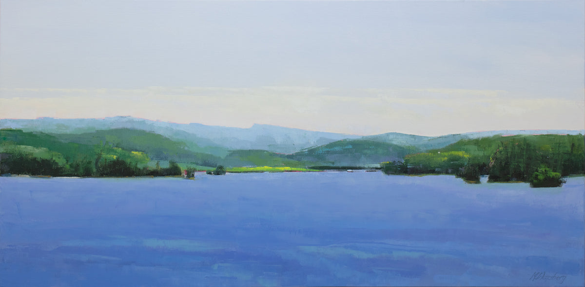 A blue and green landscape painting by Molly Doe Wensberg.