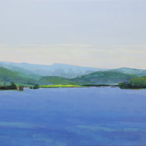 A blue and green landscape painting by Molly Doe Wensberg.