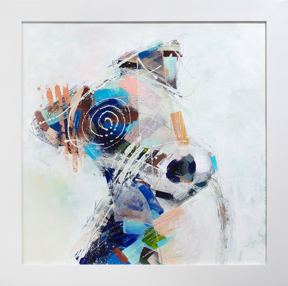 An abstracted painting of a dog framed in a white frame.