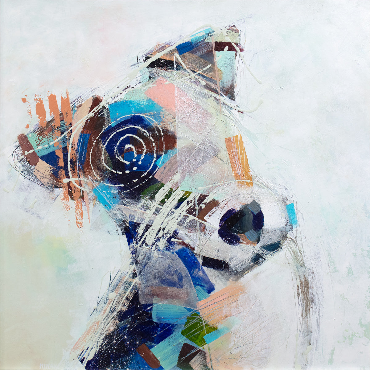 An abstracted painting of a dog with a white background. 