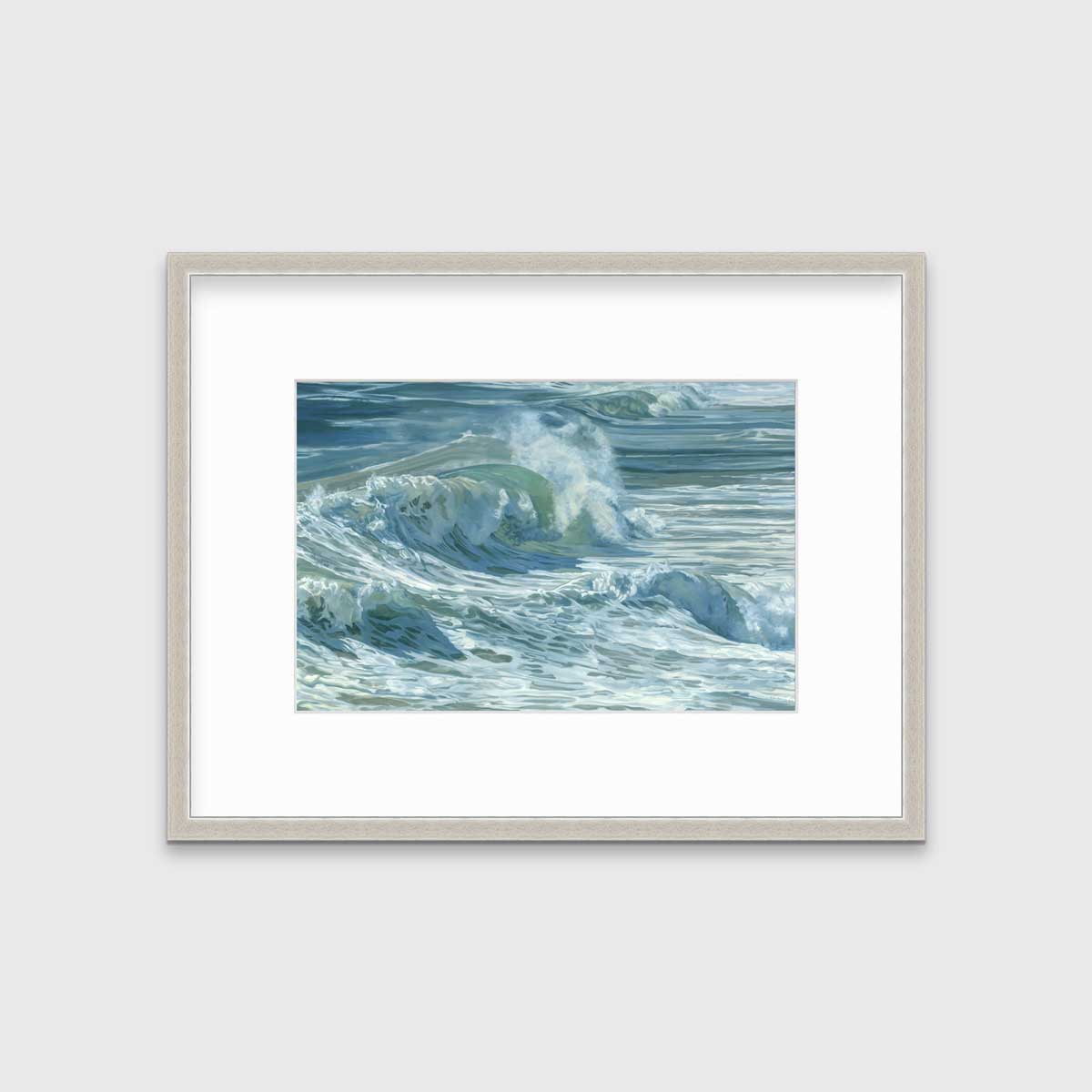 A blue, teal, white and light green abstract water wave print in a silver frame with a mat hangs on a white wall.