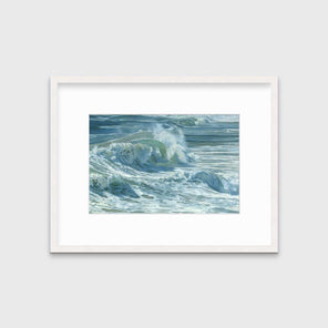 A blue, teal, white and light green abstract water wave print in a whitewashed frame with a mat hangs on a white wall.