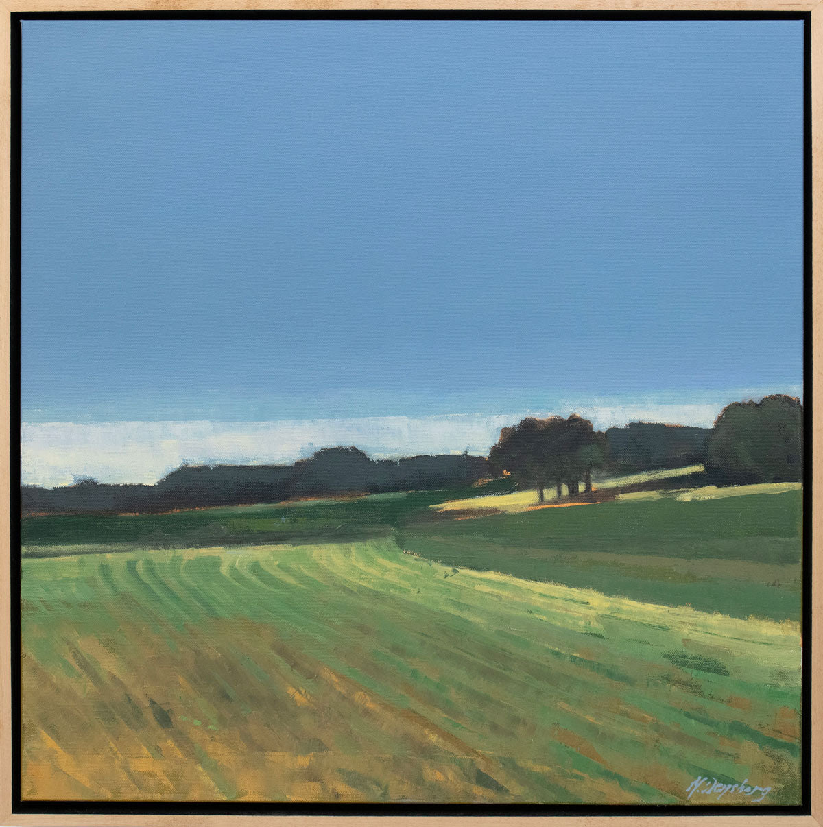 A green and blue abstracted landscape painting in a light wood frame.