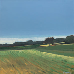 A blue and green landscape painting. 