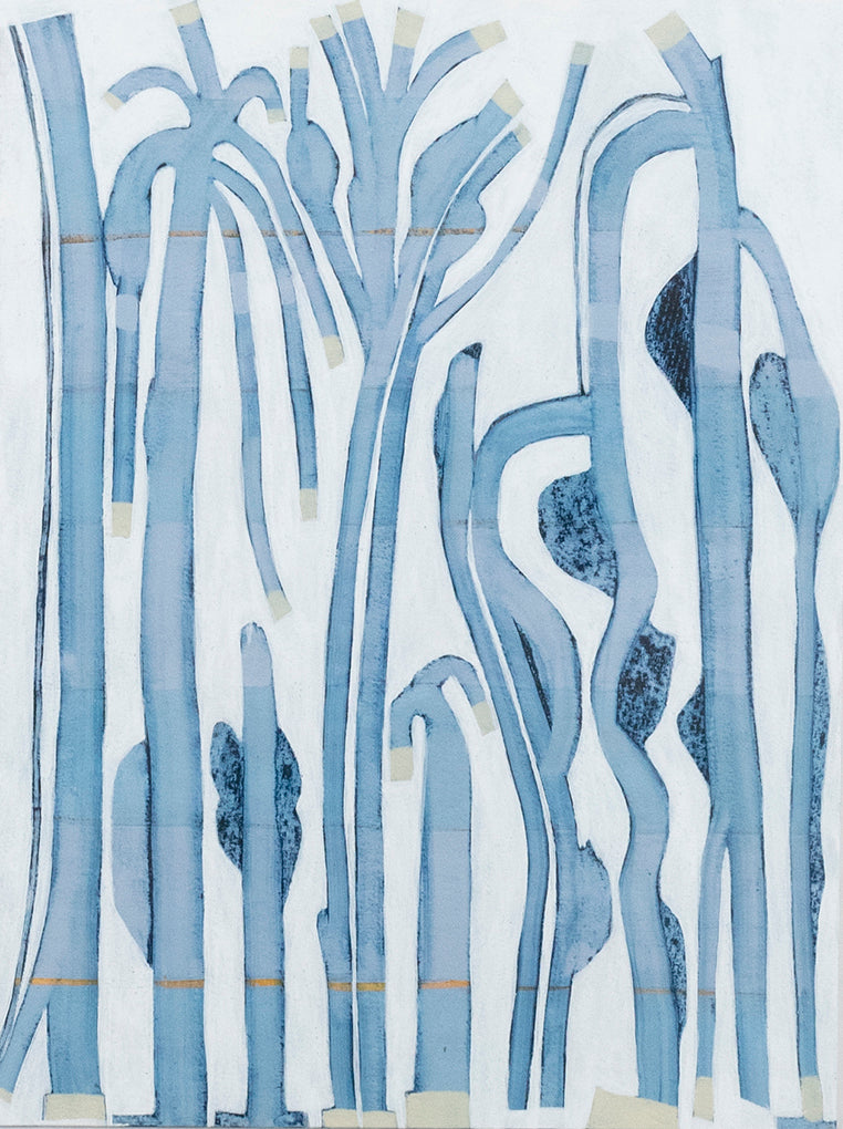 An abstract painting of blue and beige tree-like forms.