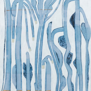 An abstract painting of blue and beige tree-like forms.