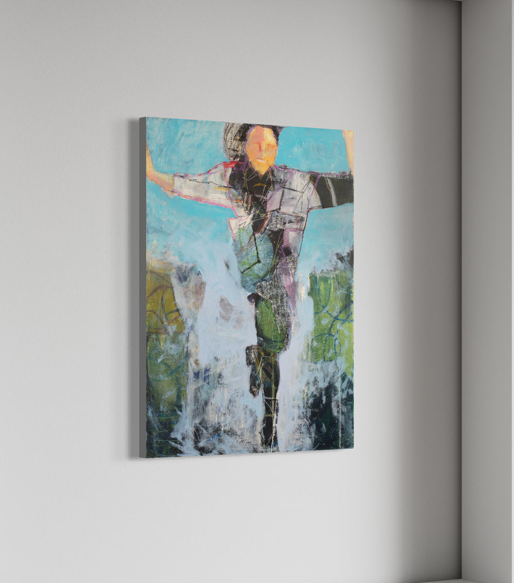An abstracted figure painting hangs on a white wall. 