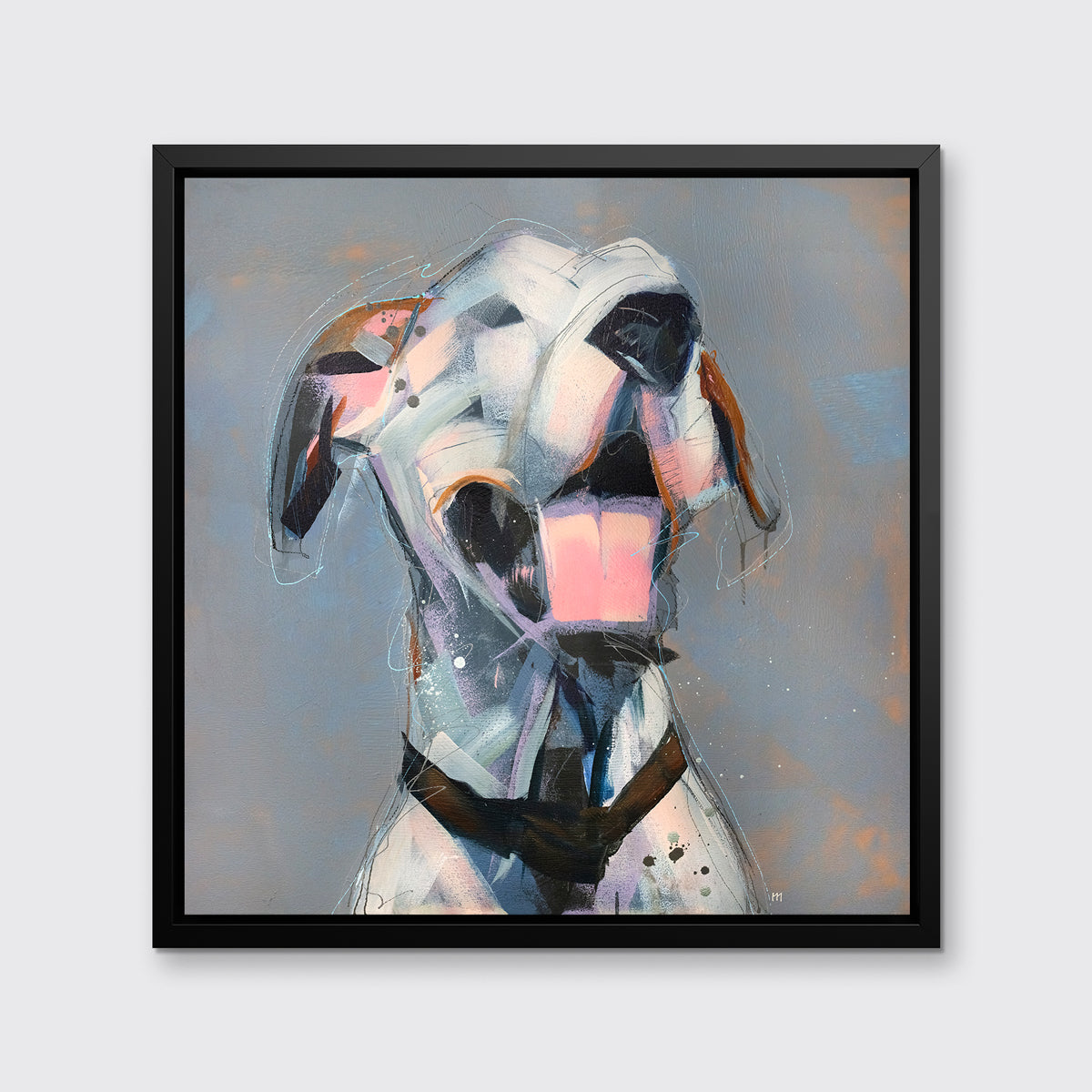A white, light pink, grey and brown abstract dog print in a black floater frame hangs on a white wall.