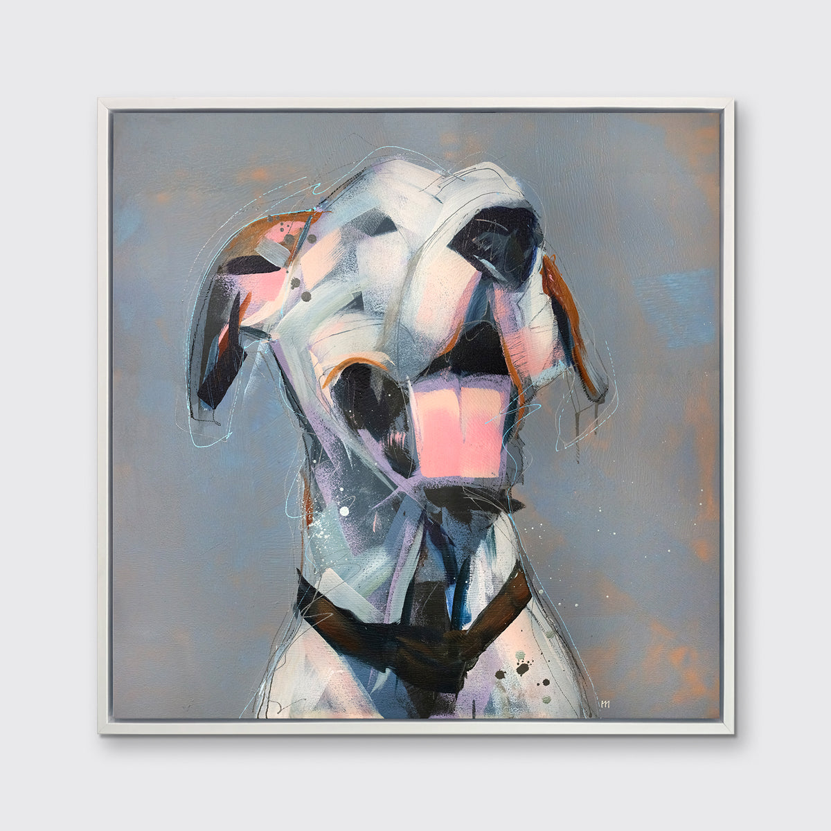 A white, light pink, grey and brown abstract dog print in a white floater frame hangs on a white wall.