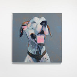 An abstracted painting of a dog hangs on a white wall. 