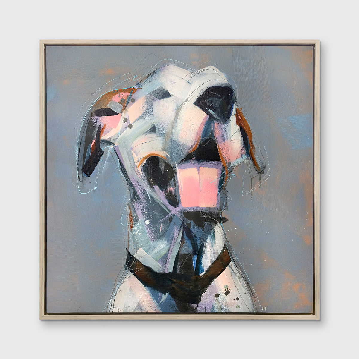 A white, light pink, grey and brown abstract dog print in a white oak wood floater frame hangs on a white wall.