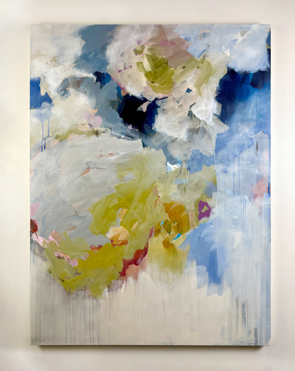 Abstract painting with colorful floral elements on a light background
