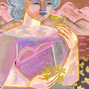 An abstracted painting of a woman in pink, orange, gold, and blue tones in front of a mountainscape and sun. 