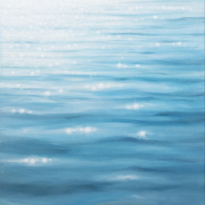 A blue coastal painting of light glistening over the surface of water by Laura Browning. 