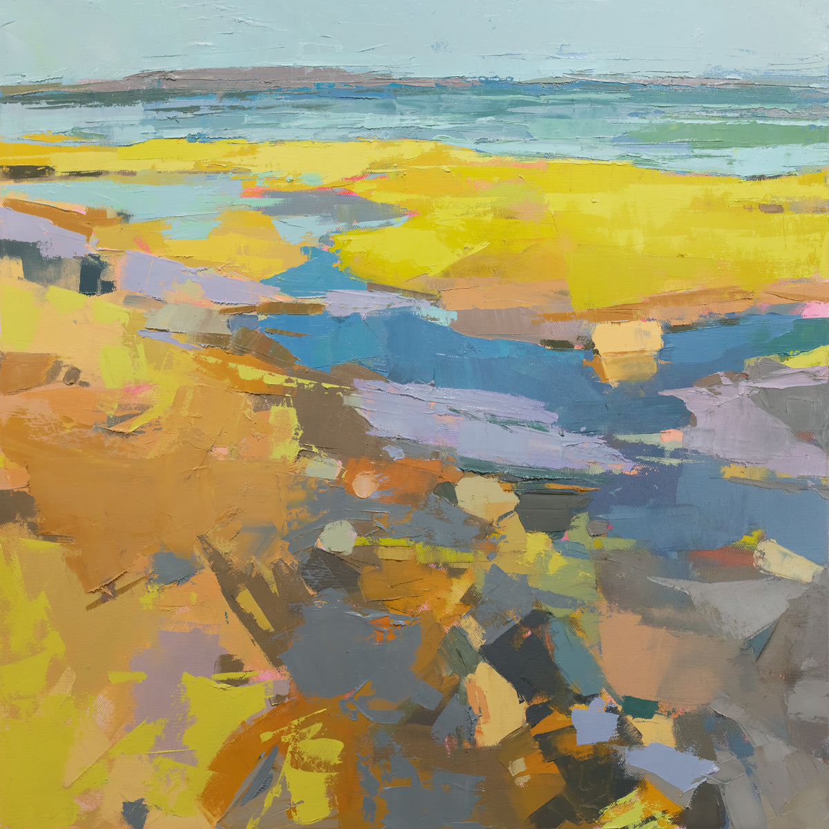 A yellow abstracted landscape print by Bri Custer. 