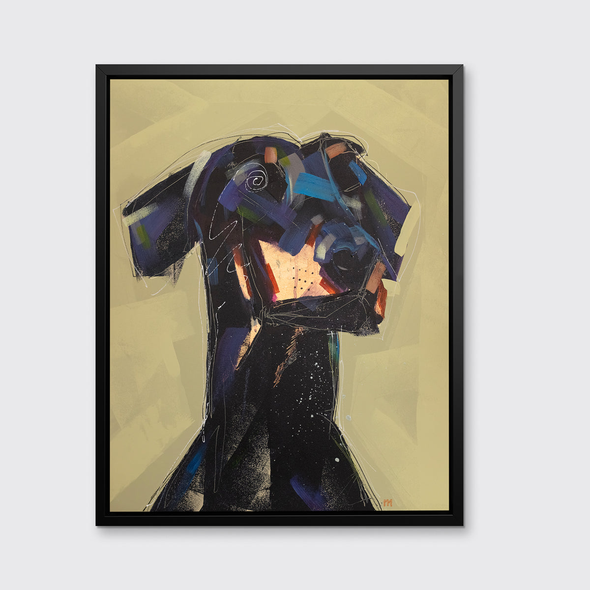A black, dark purple, copper and chartreuse abstract dog print in a black floater frame hangs on a white wall.