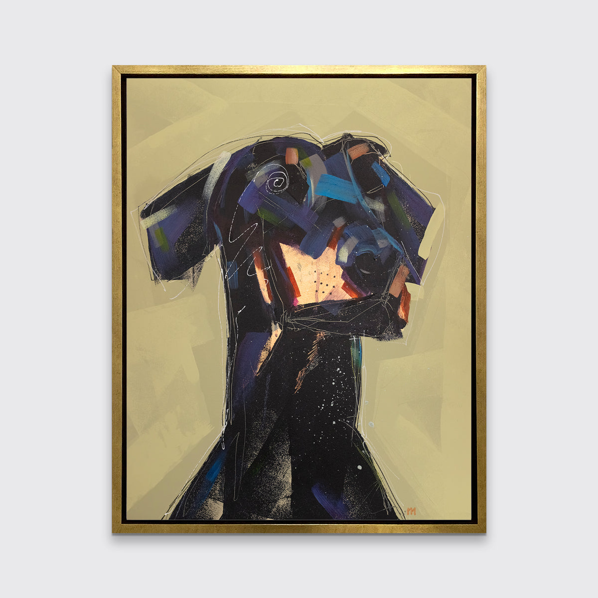 A black, dark purple, copper and chartreuse abstract dog print in a gold floater frame hangs on a white wall.