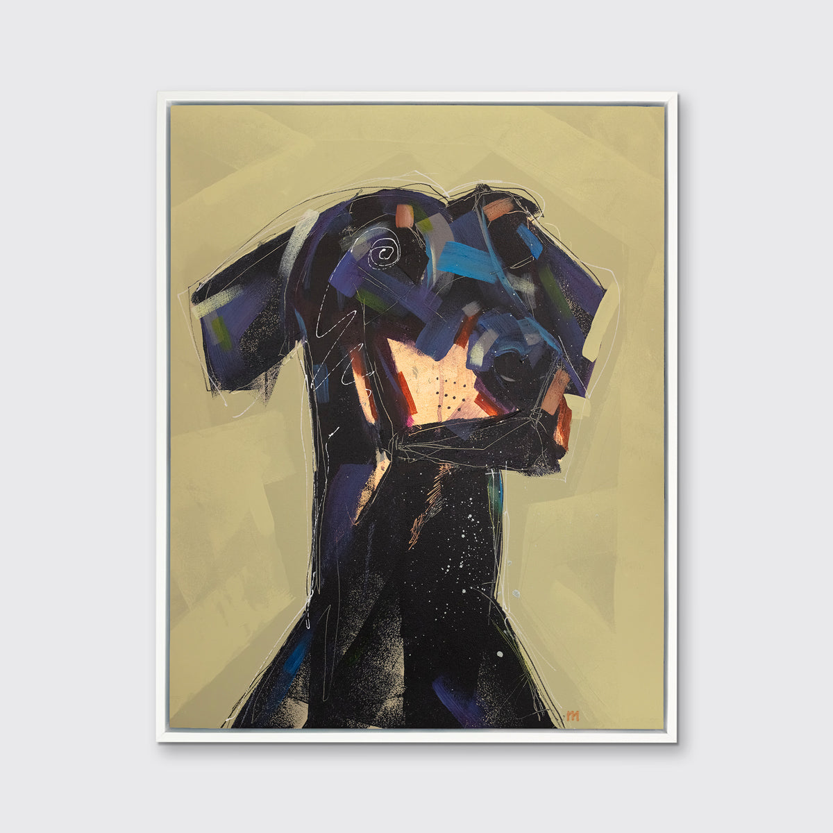 A black, dark purple, copper and chartreuse abstract dog print in a white floater frame hangs on a white wall.
