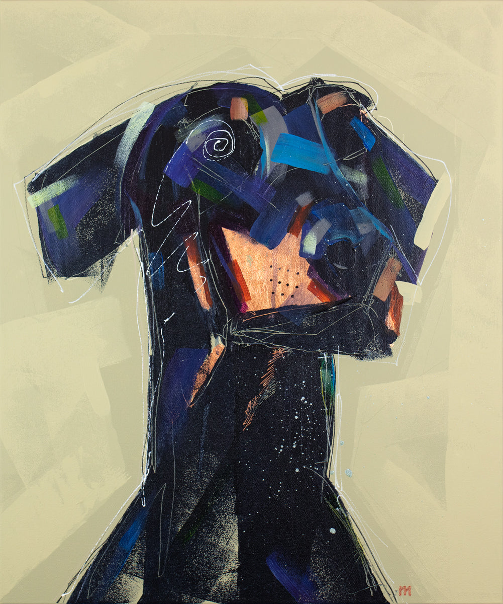 An abstracted painting of a Doberman dog with a pale yellow background by Russell Miyaki. 