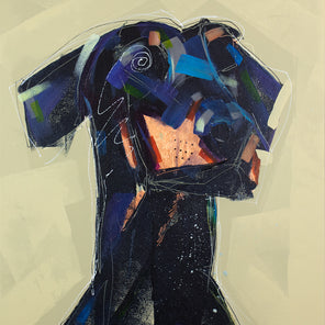 An abstracted painting of a Doberman dog with a pale yellow background by Russell Miyaki. 