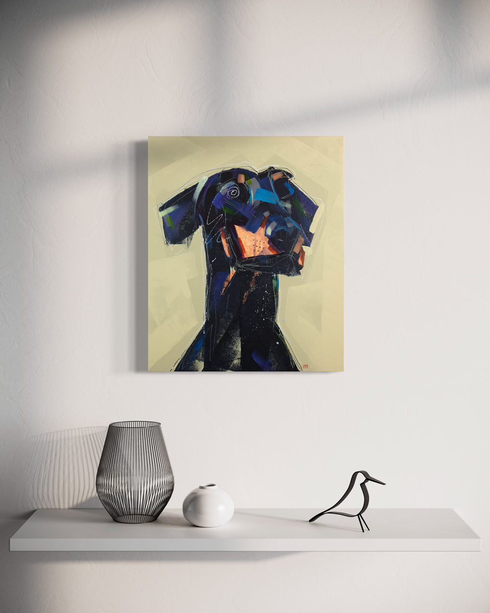 A pale yellow and blue abstracted painting of a dog hangs on a white wall above a white floating shelf with modern black and white table decor. 