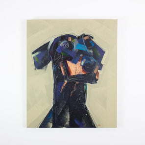 A pale yellow and blue abstracted painting of a dog hangs on a white wall.