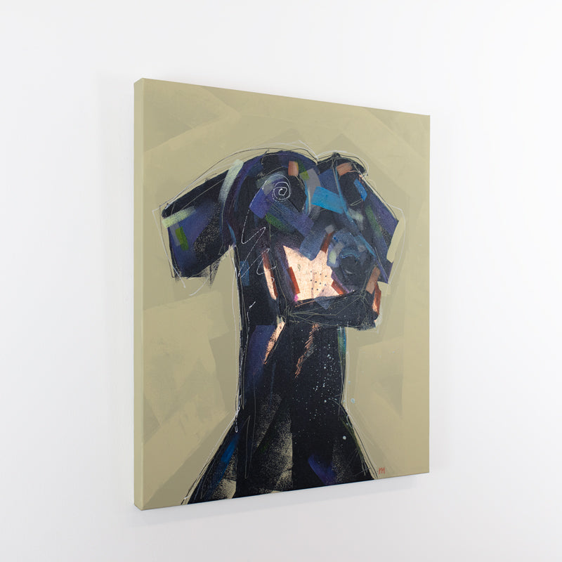 A pale yellow and blue abstracted painting of a dog hangs on a white wall.