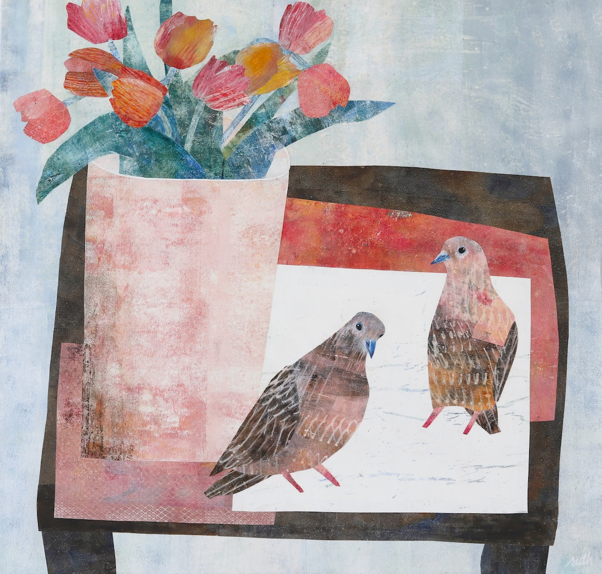 A textured collage featuring two brown birds, with pink and red tulips in a vase against a pale blue background.