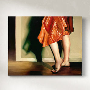 Painting of a woman wearing an orange dress with bare feet on a wooden floor.