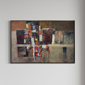 A modern painting by modern artist Stanley Bate is hung on a white wall.