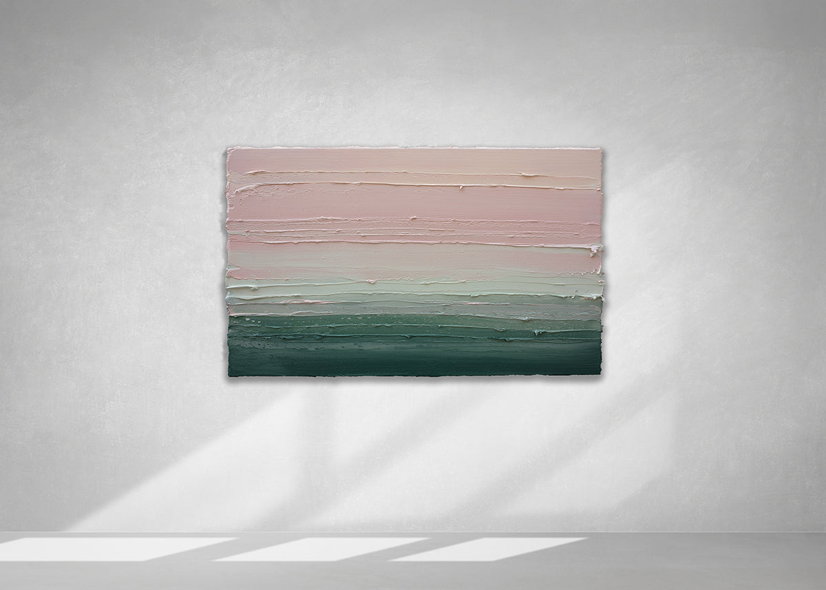 A light Coral, light pink, celadon and hunter green thickly textured abstract painting by Teodora Guererra hanging on a white wall.